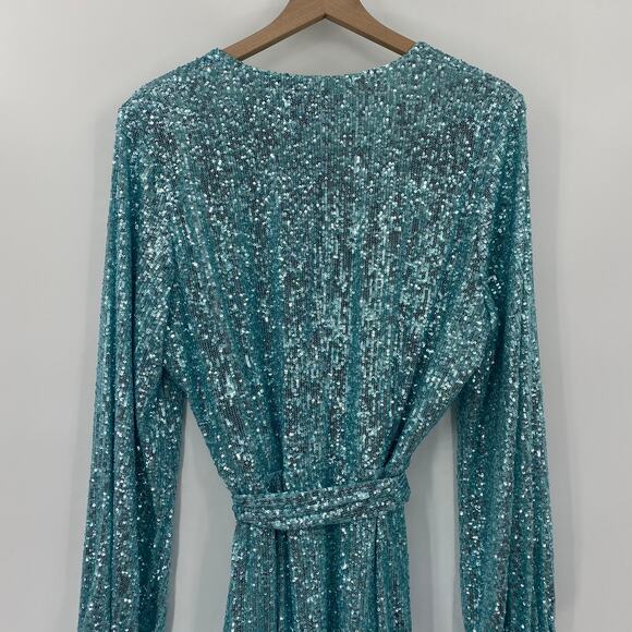 Alexia Admor Sequin Mini Wrap Dress Long Sleeve Tie Waist Mint Blue Womens L - Picture 6 of 10
